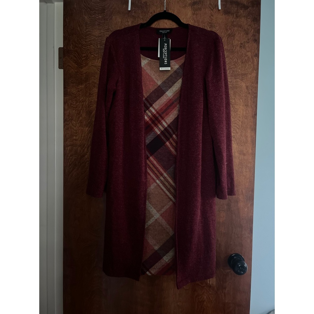 NEW Perceptions Dress Set Womens Medium Wine Plaid Cardigan Dress P222200J
